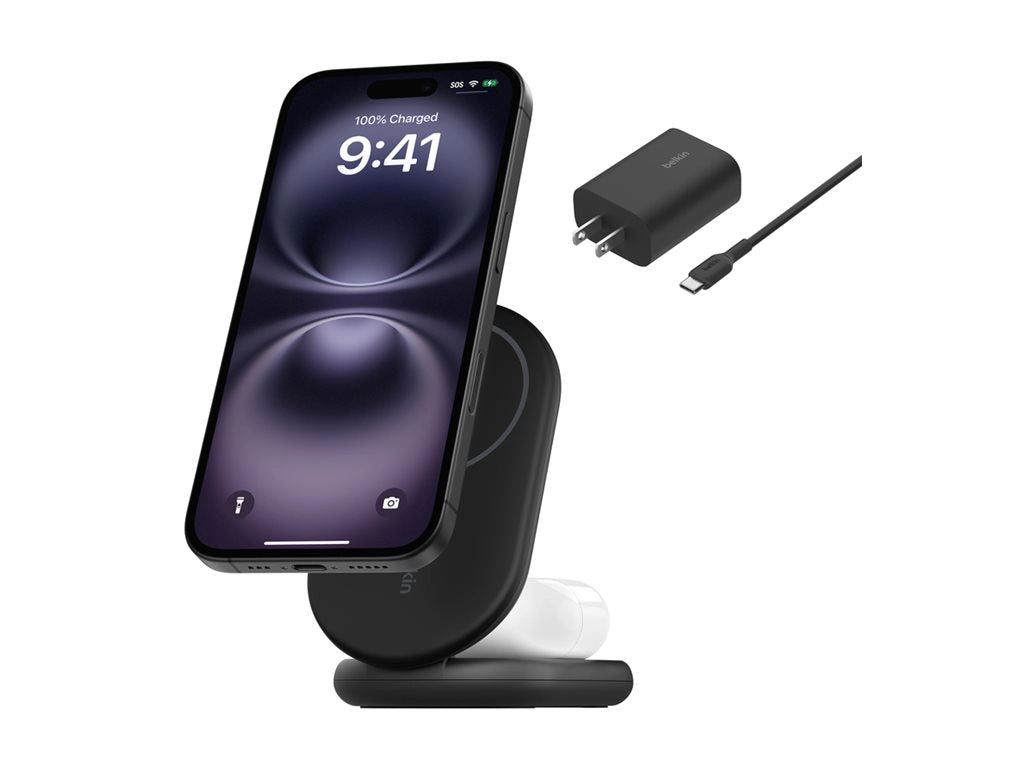 Belkin - Wireless charging stand - magnetic, foldable, with Qi2   AC power adapter - 15 Watt - Fast Charge - black WIZ028TTBK