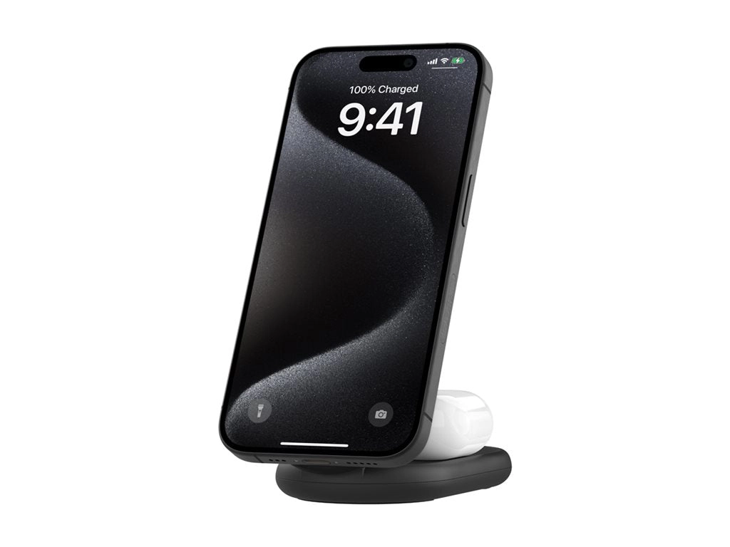 Belkin - Wireless charging stand - magnetic, foldable, with Qi2   AC power adapter - 15 Watt - Fast Charge - black WIZ028TTBK