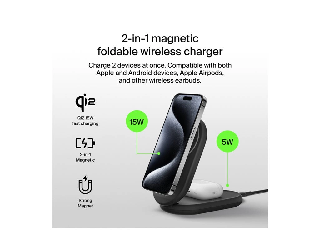 Belkin - Wireless charging stand - magnetic, foldable, with Qi2   AC power adapter - 15 Watt - Fast Charge - black WIZ028TTBK