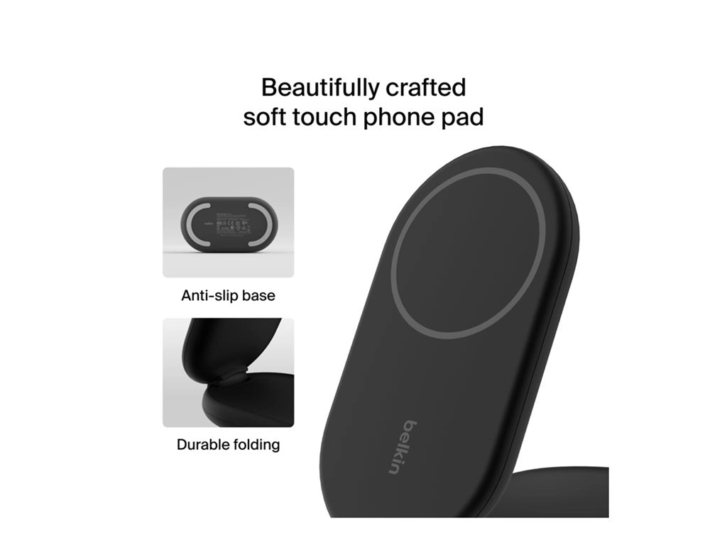 Belkin - Wireless charging stand - magnetic, foldable, with Qi2   AC power adapter - 15 Watt - Fast Charge - black WIZ028TTBK
