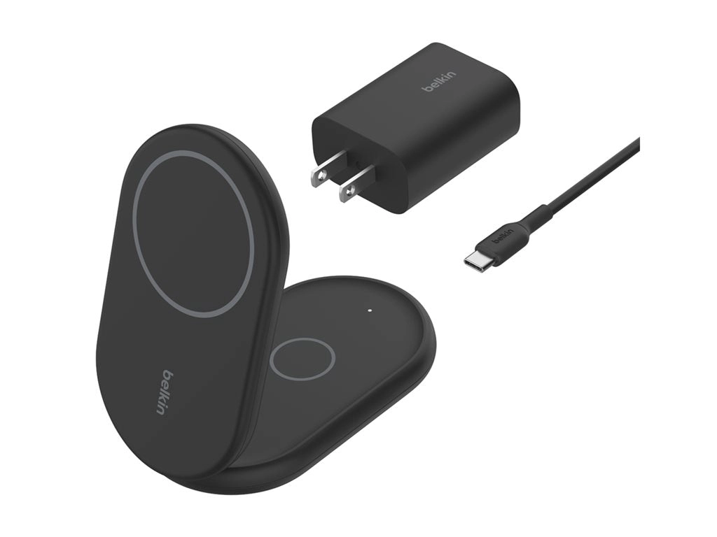Belkin - Wireless charging stand - magnetic, foldable, with Qi2   AC power adapter - 15 Watt - Fast Charge - black WIZ028TTBK