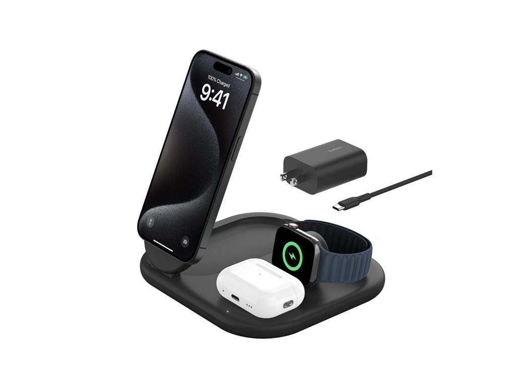 Belkin - Wireless charging stand - magnetic, foldable, with Qi2   AC power adapter - 15 Watt - Fast Charge - black WIZ029TTBK