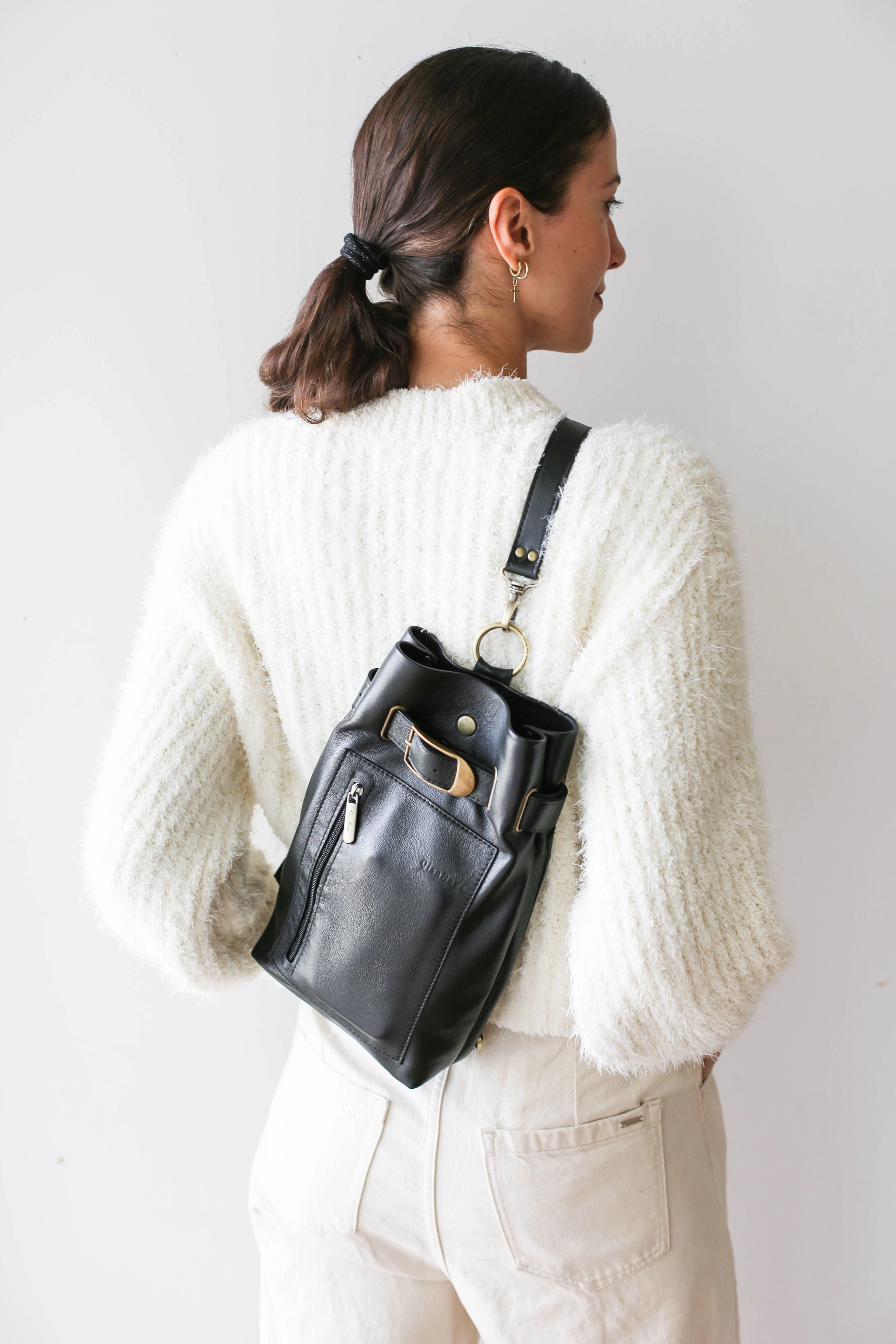 Black Leather Sling Backpack