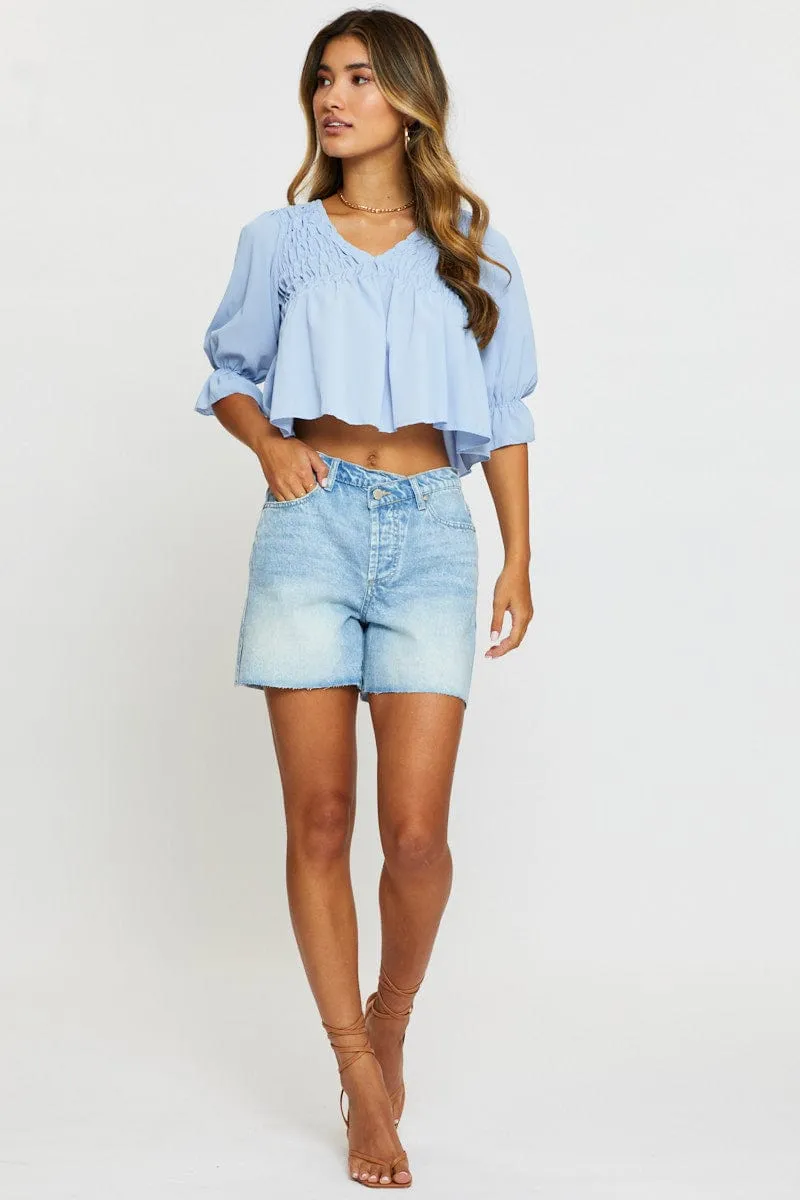 Blue Crop Blouse Short Sleeve Round Neck