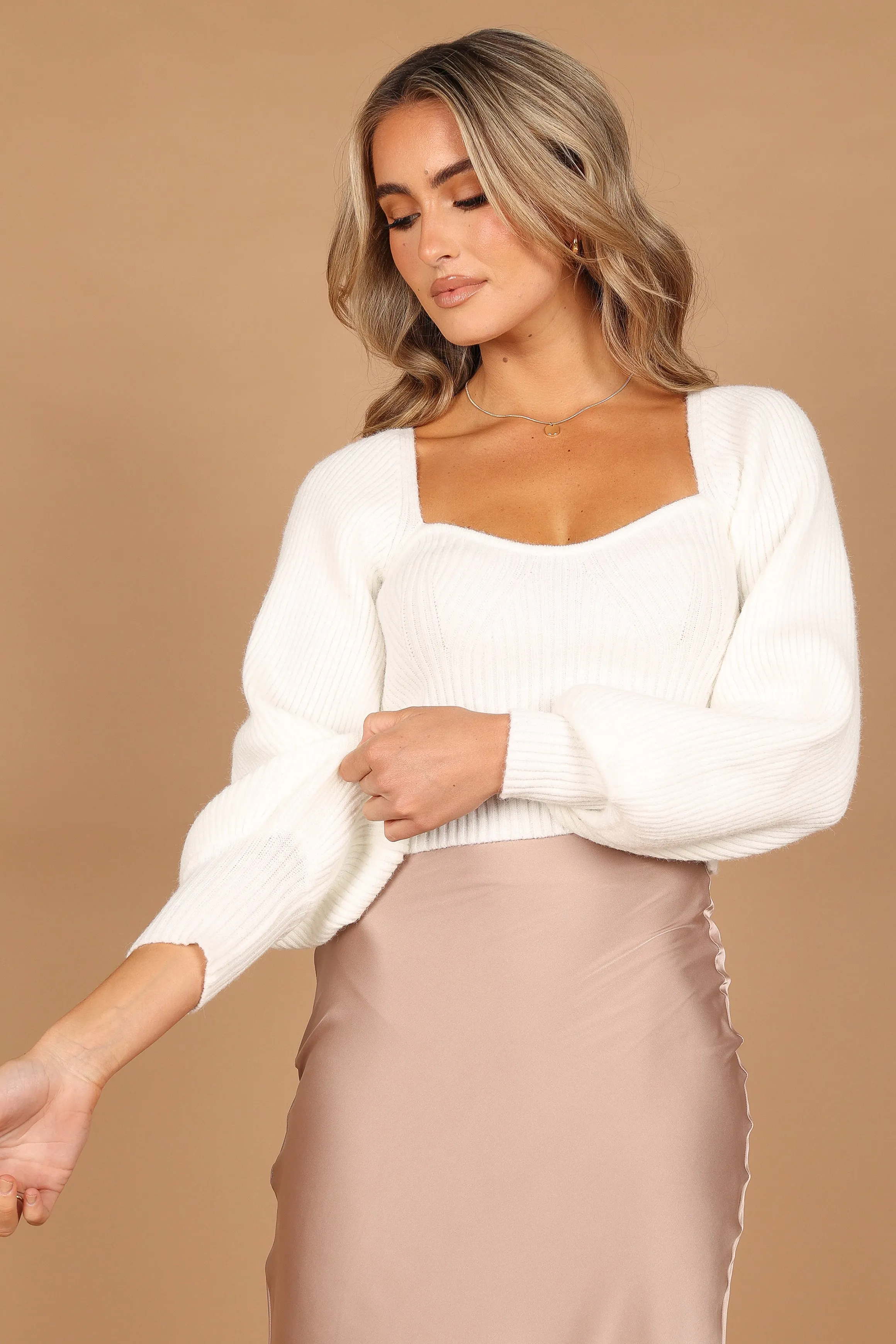 Gia Sweetheart Neck Bell Sleeve Knit Sweater - White