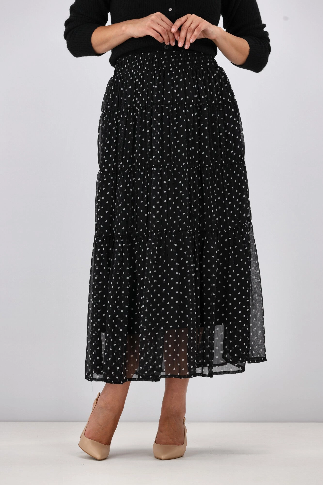Gloss the Label Marlowe Shirred Detail Skirt Black Polka Dot