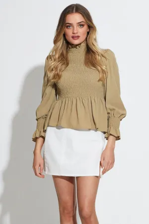 Green Workwear Blouse Long Sleeve Turtleneck
