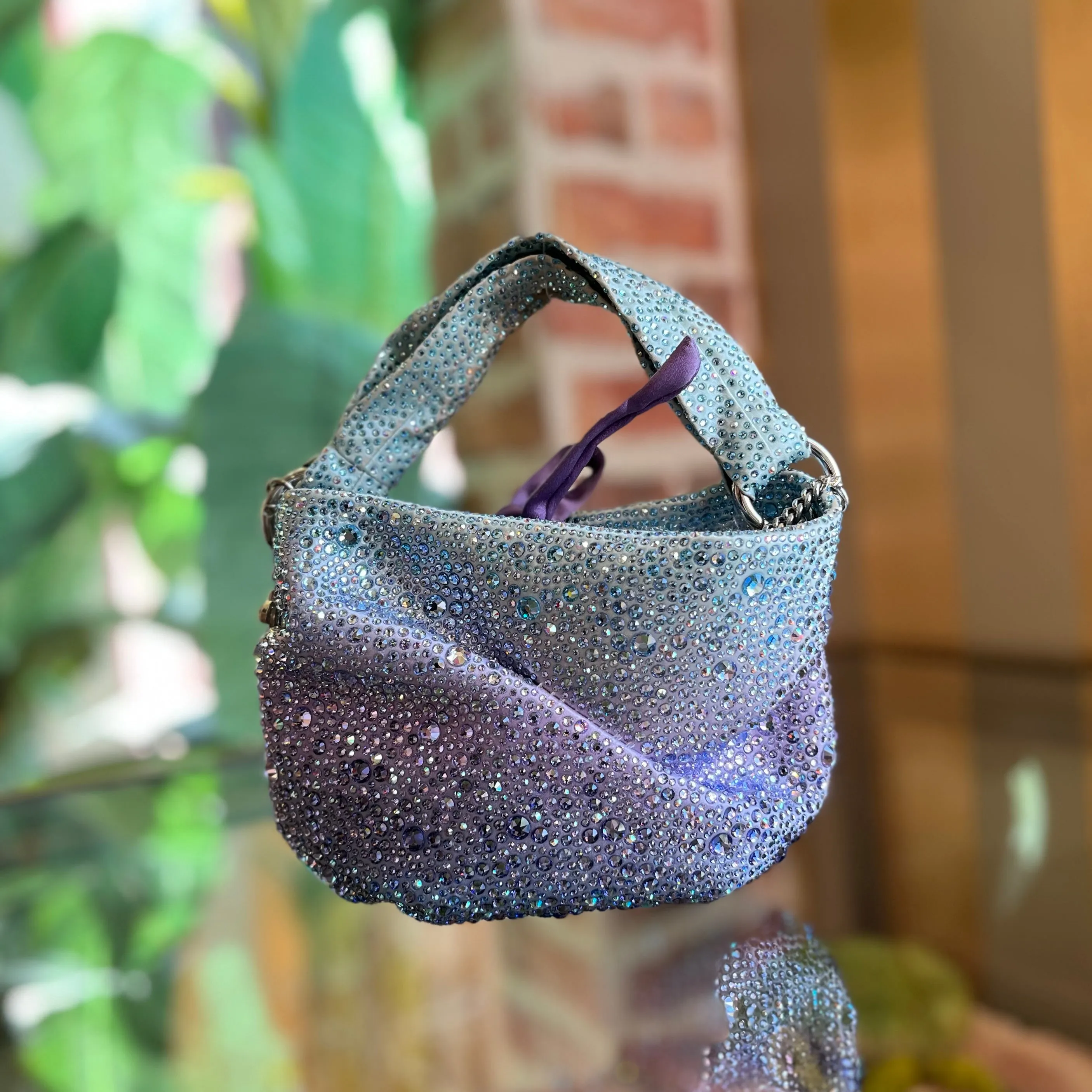JIMMY CHOO Bonny Blue Purple Ombre All Over Crystal Embellished Satin Top Handle Bag