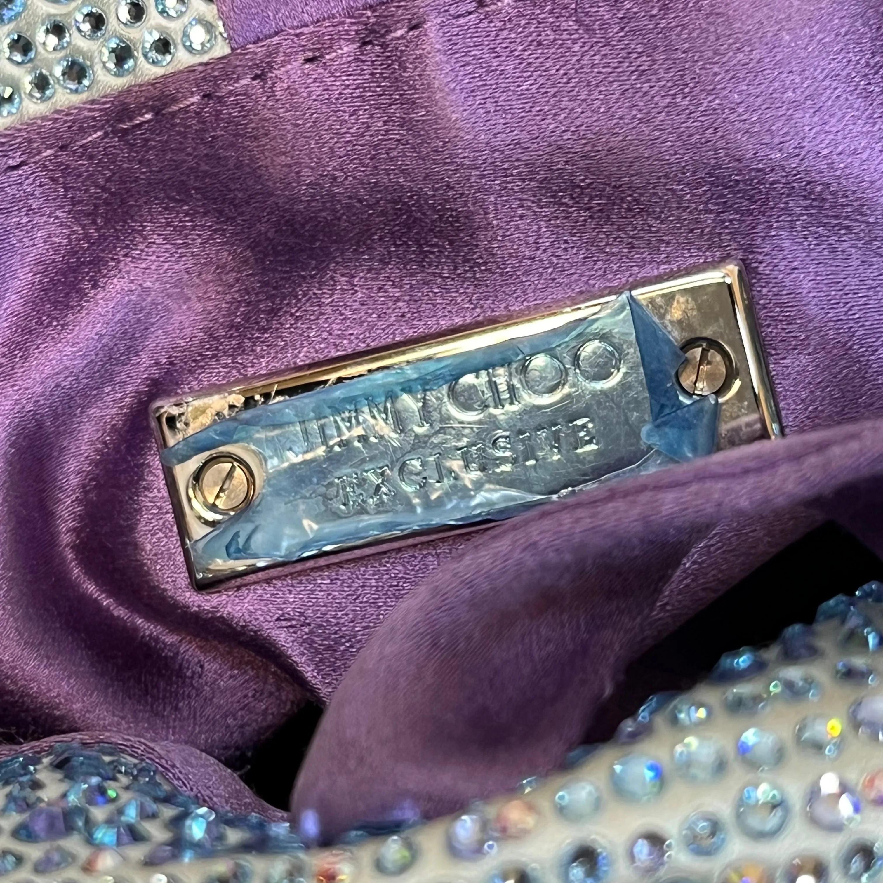 JIMMY CHOO Bonny Blue Purple Ombre All Over Crystal Embellished Satin Top Handle Bag