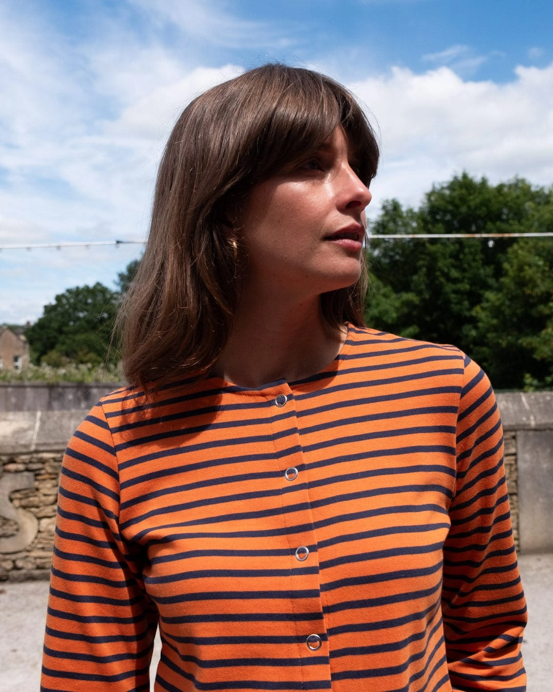 Joss Women's Cotton Jersey Cardigan | Coral & Indigo Stripe