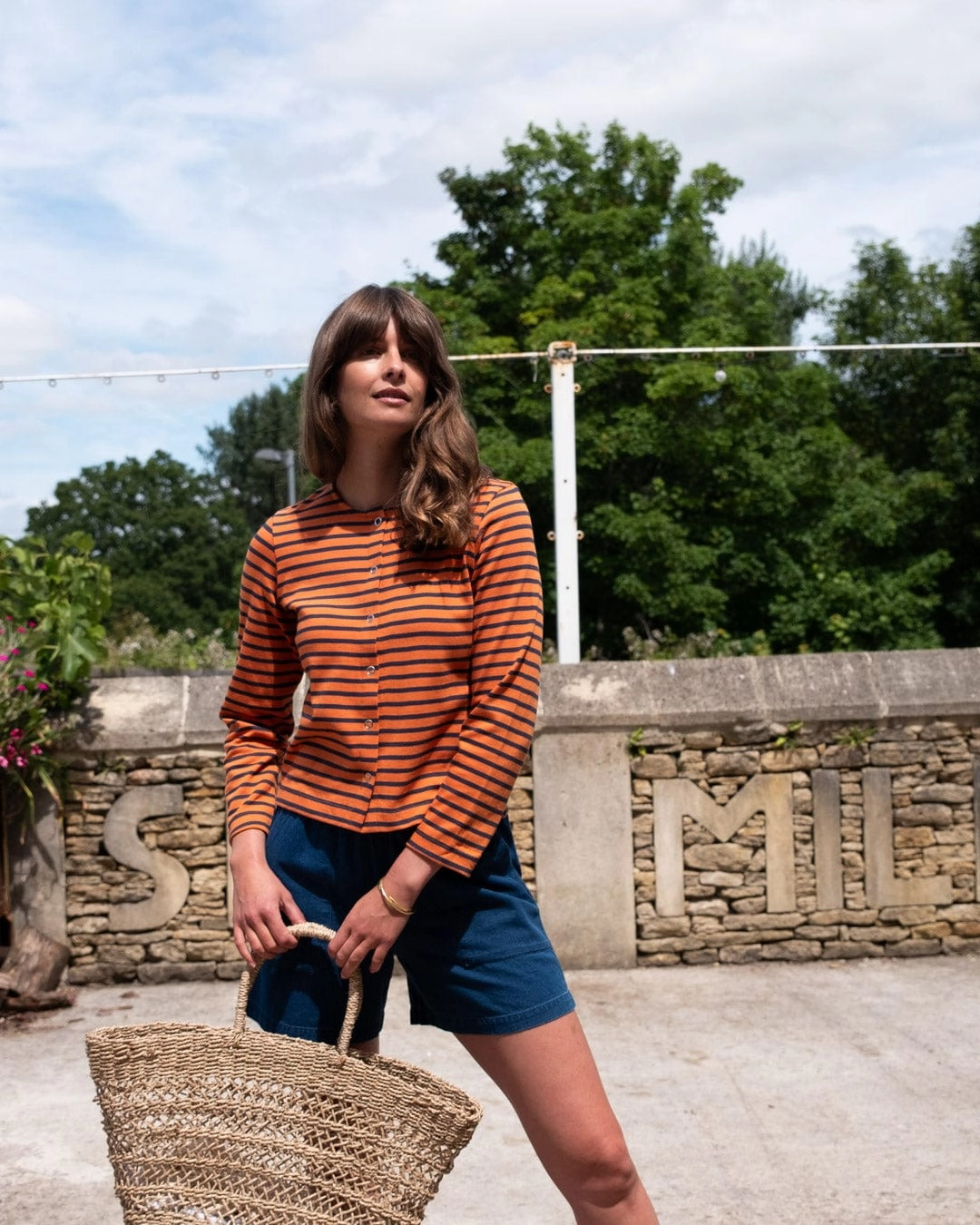 Joss Women's Cotton Jersey Cardigan | Coral & Indigo Stripe