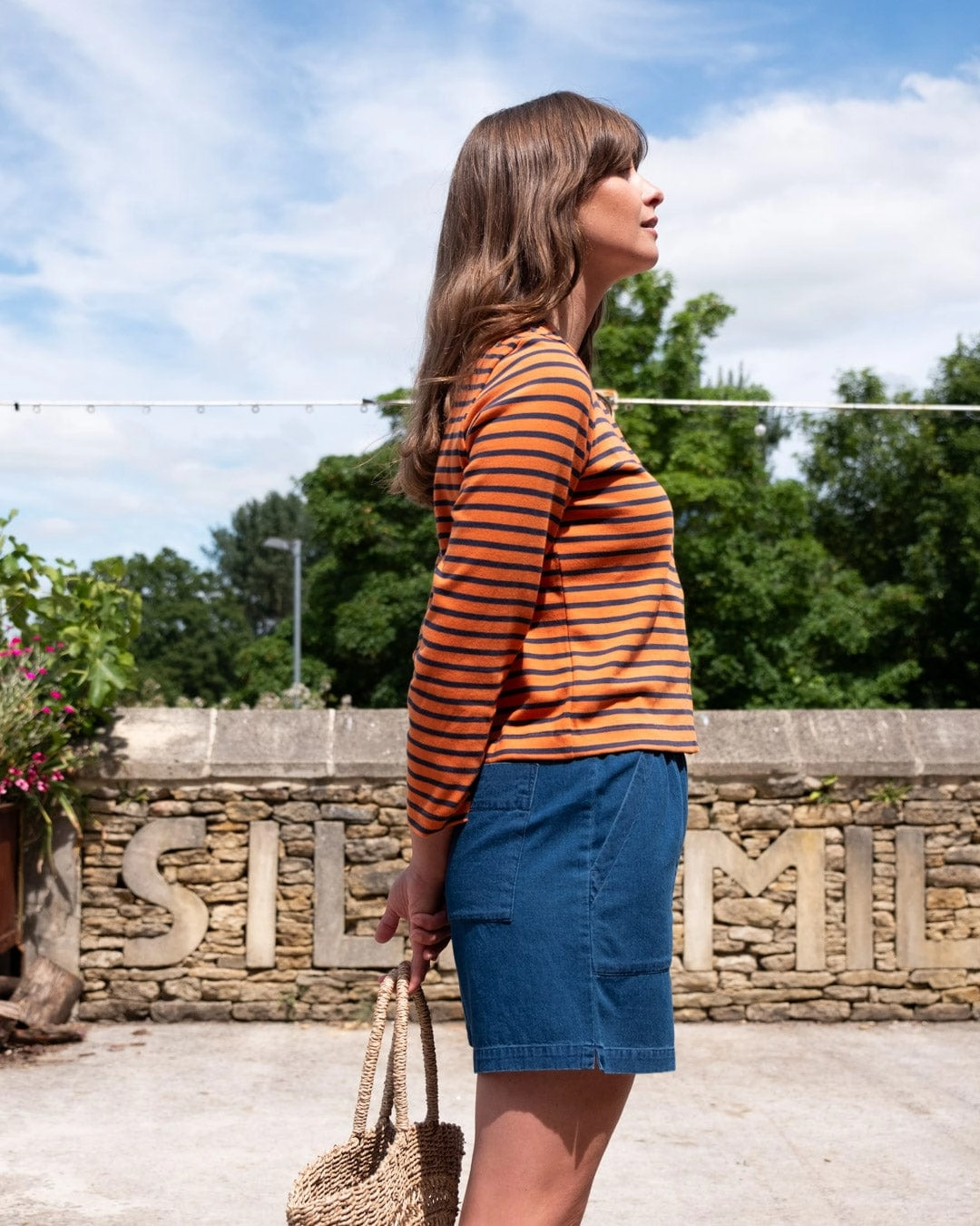 Joss Women's Cotton Jersey Cardigan | Coral & Indigo Stripe