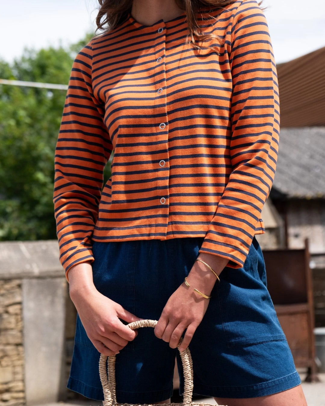 Joss Women's Cotton Jersey Cardigan | Coral & Indigo Stripe