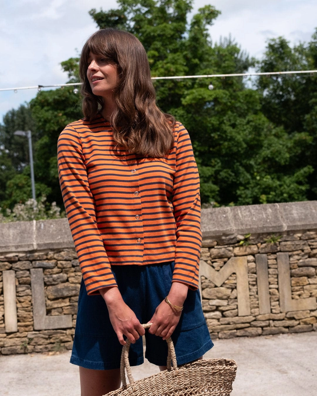 Joss Women's Cotton Jersey Cardigan | Coral & Indigo Stripe