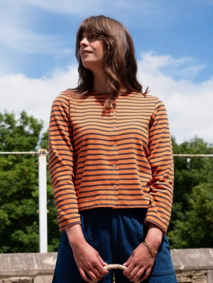 Joss Women's Cotton Jersey Cardigan | Coral & Indigo Stripe
