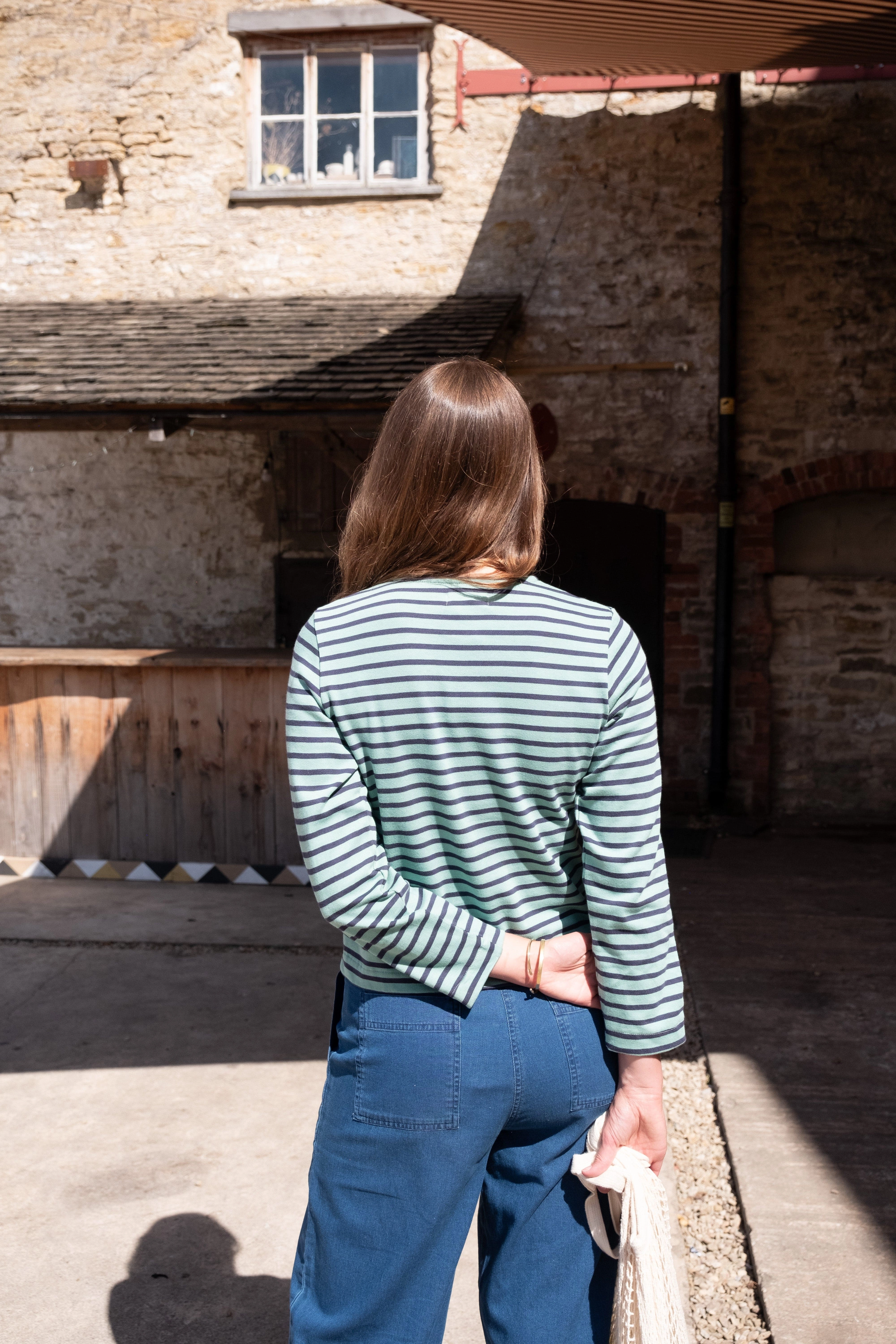 Joss Women's Cotton Jersey Cardigan | Duck Egg & Indigo Stripe