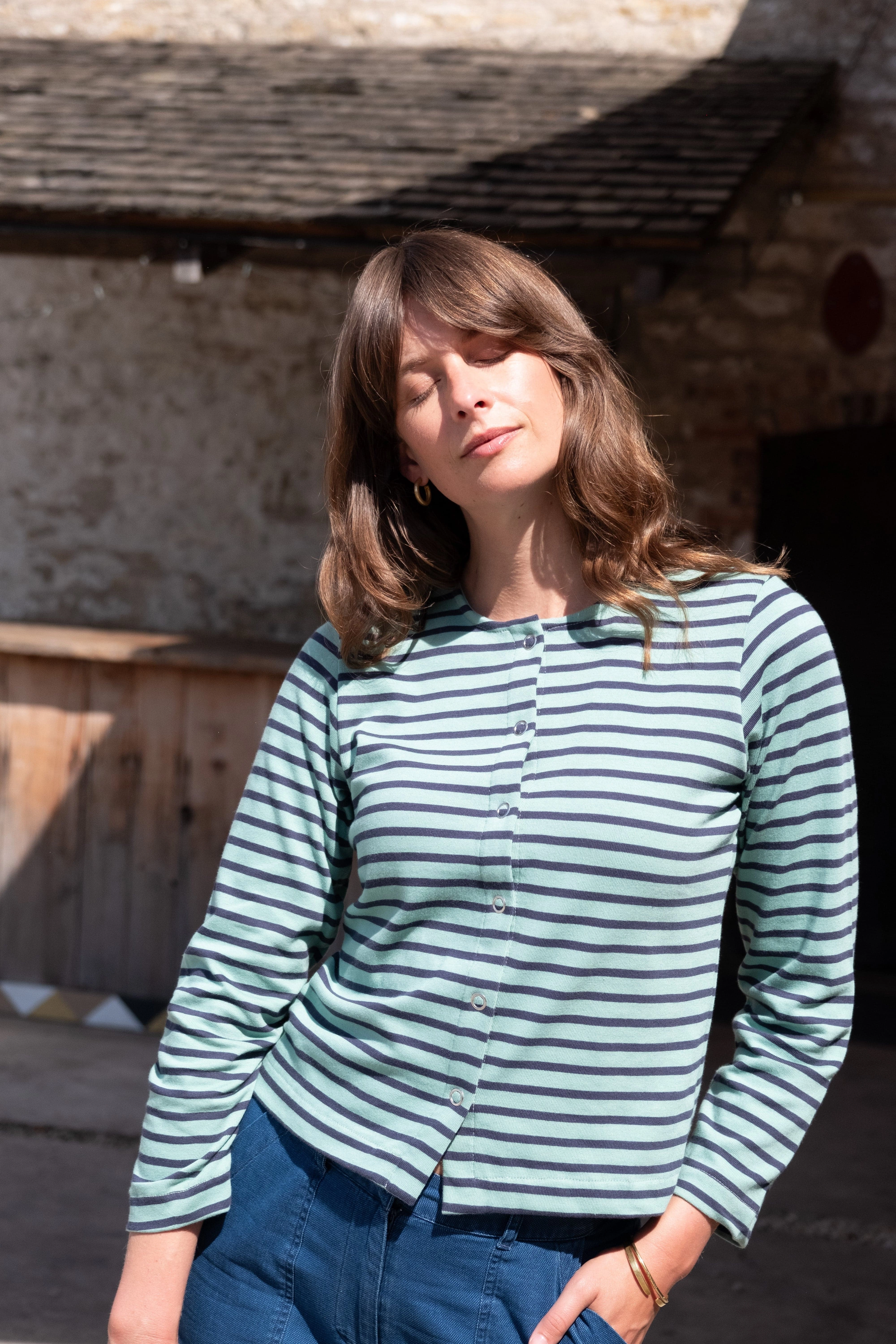 Joss Women's Cotton Jersey Cardigan | Duck Egg & Indigo Stripe