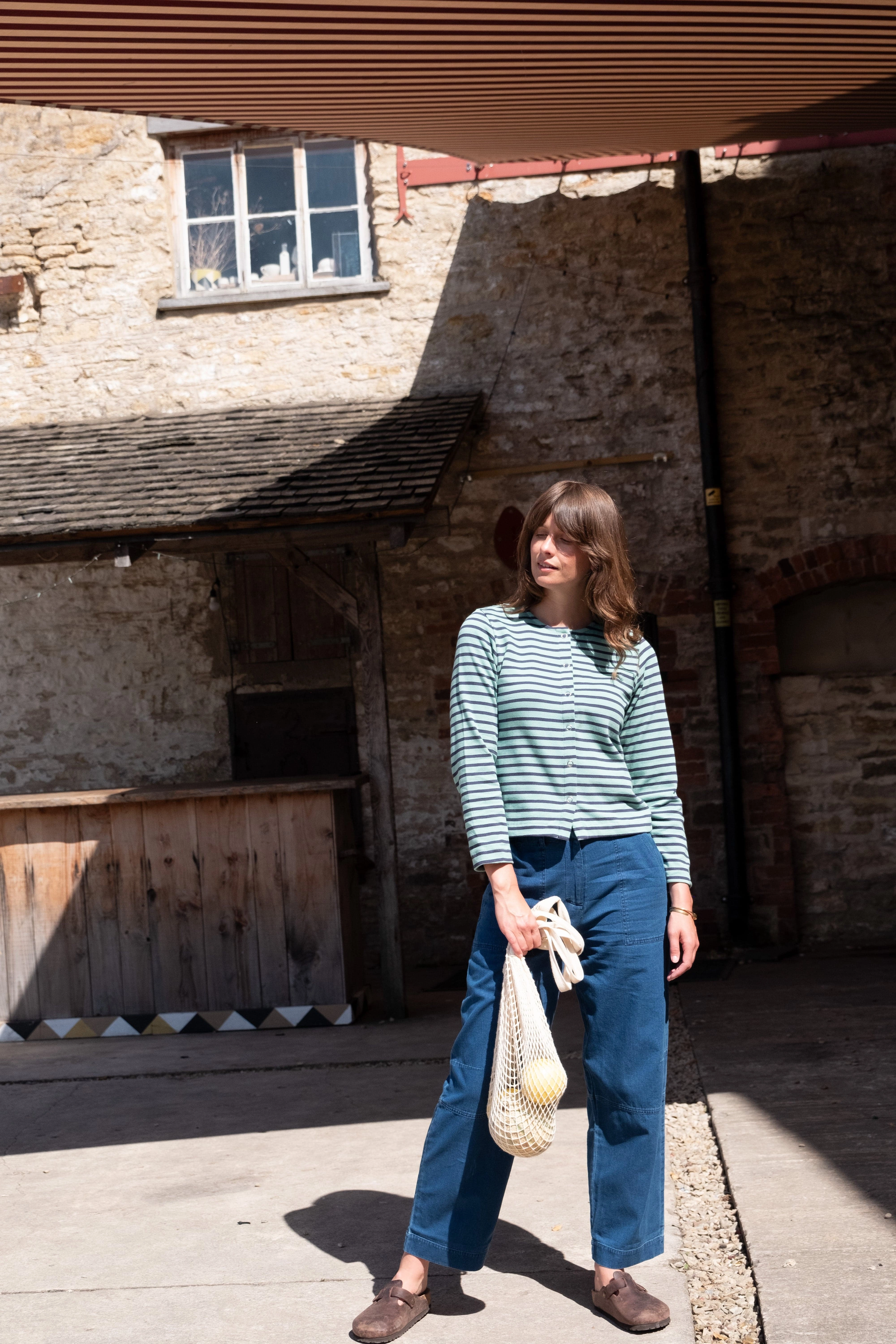 Joss Women's Cotton Jersey Cardigan | Duck Egg & Indigo Stripe