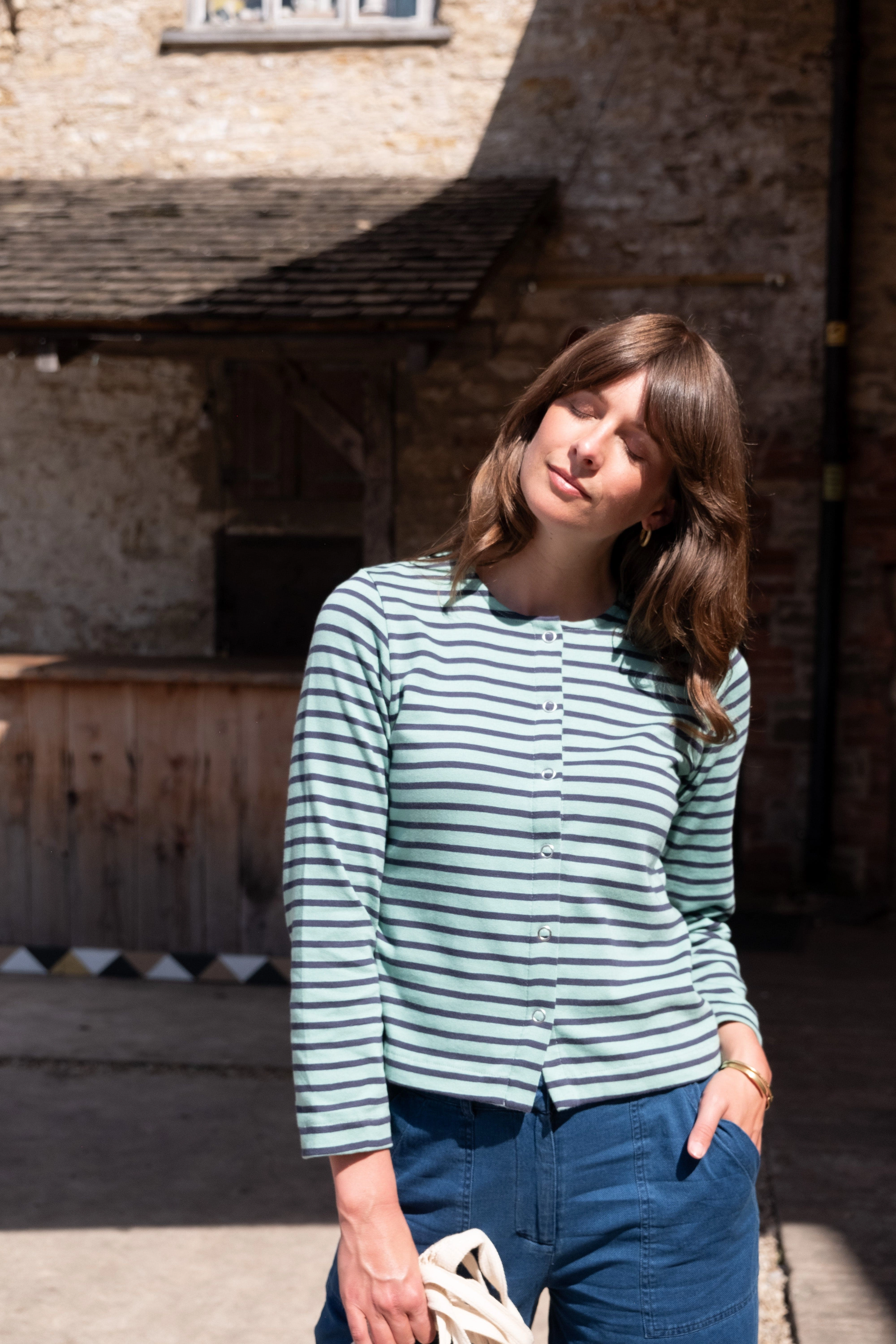 Joss Women's Cotton Jersey Cardigan | Duck Egg & Indigo Stripe