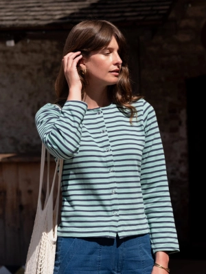 Joss Women's Cotton Jersey Cardigan | Duck Egg & Indigo Stripe