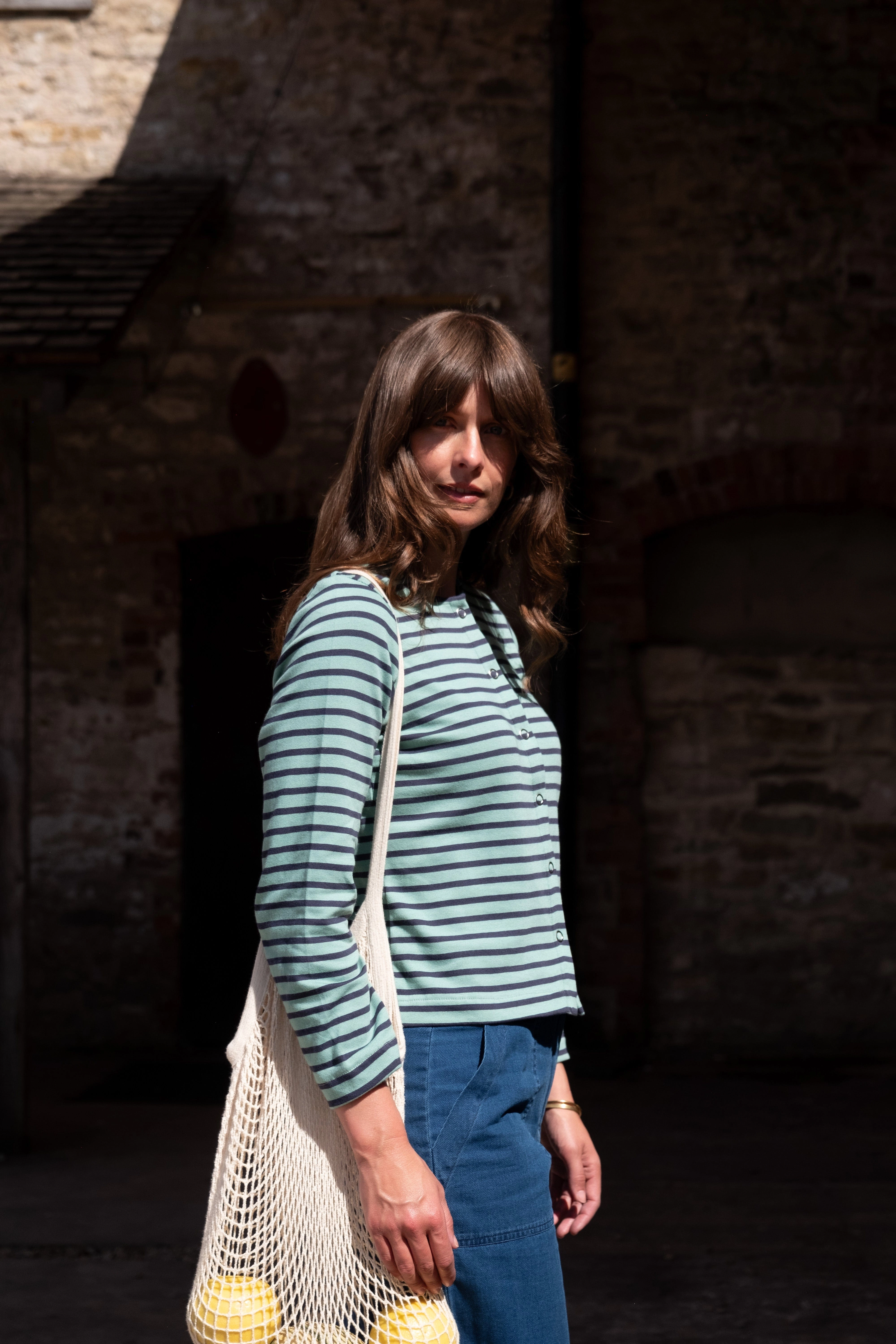 Joss Women's Cotton Jersey Cardigan | Duck Egg & Indigo Stripe