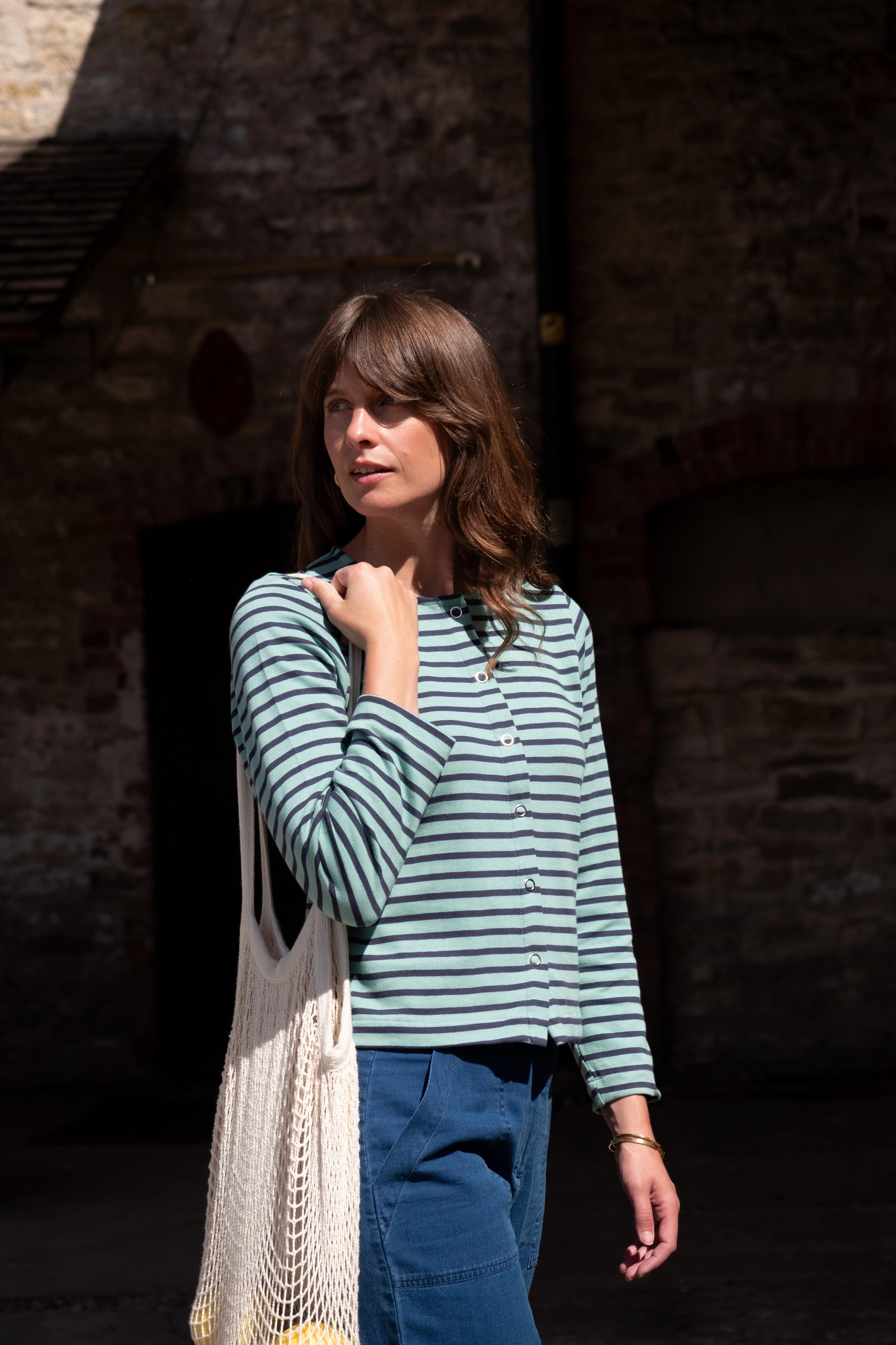 Joss Women's Cotton Jersey Cardigan | Duck Egg & Indigo Stripe