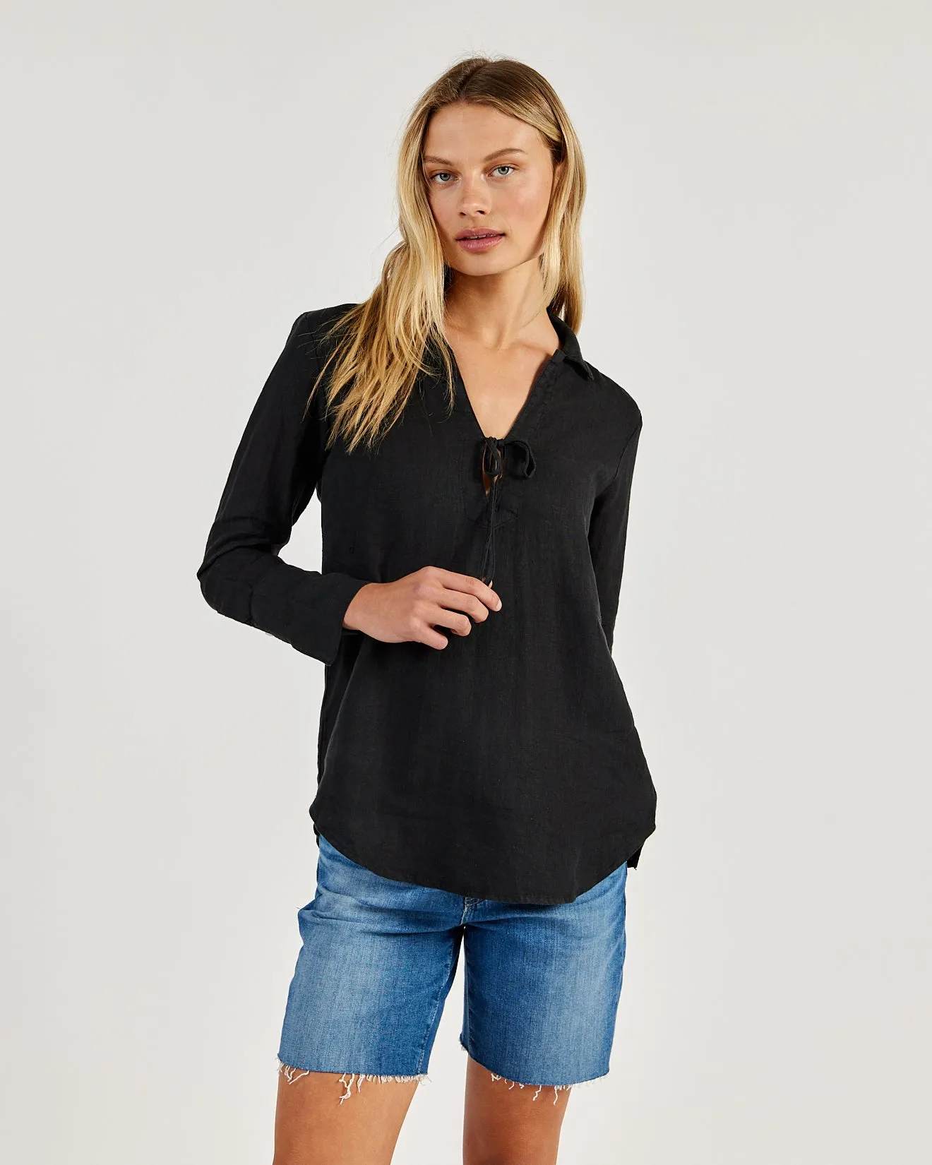 Linen Tie Neck Tunic - Black