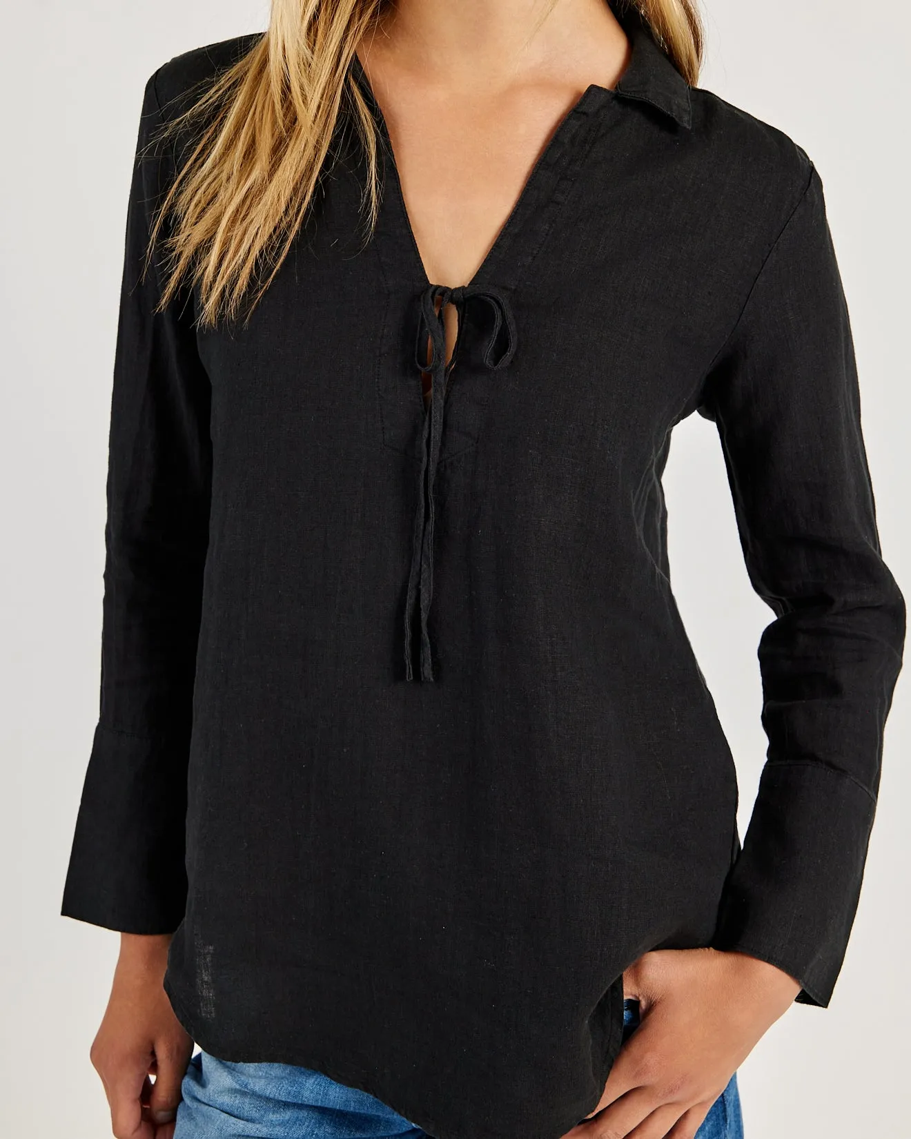 Linen Tie Neck Tunic - Black