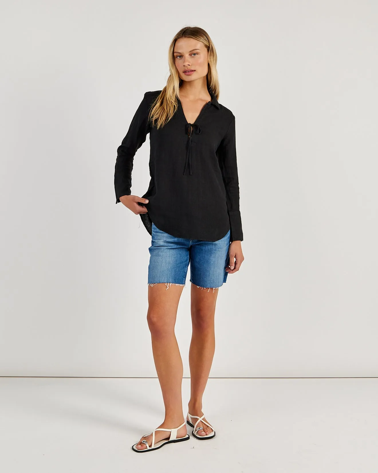 Linen Tie Neck Tunic - Black