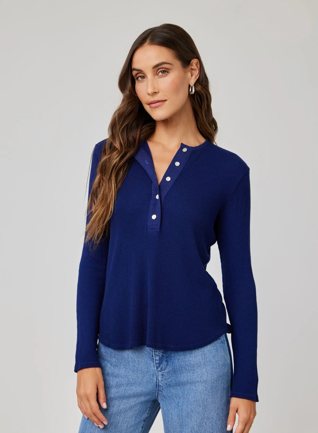 Long Sleeve Wide Placket Henley -  Navy Coast