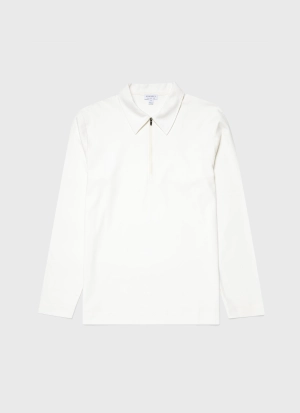 Men's Brushed Cotton Long Sleeve Polo Shirt in Ecru
