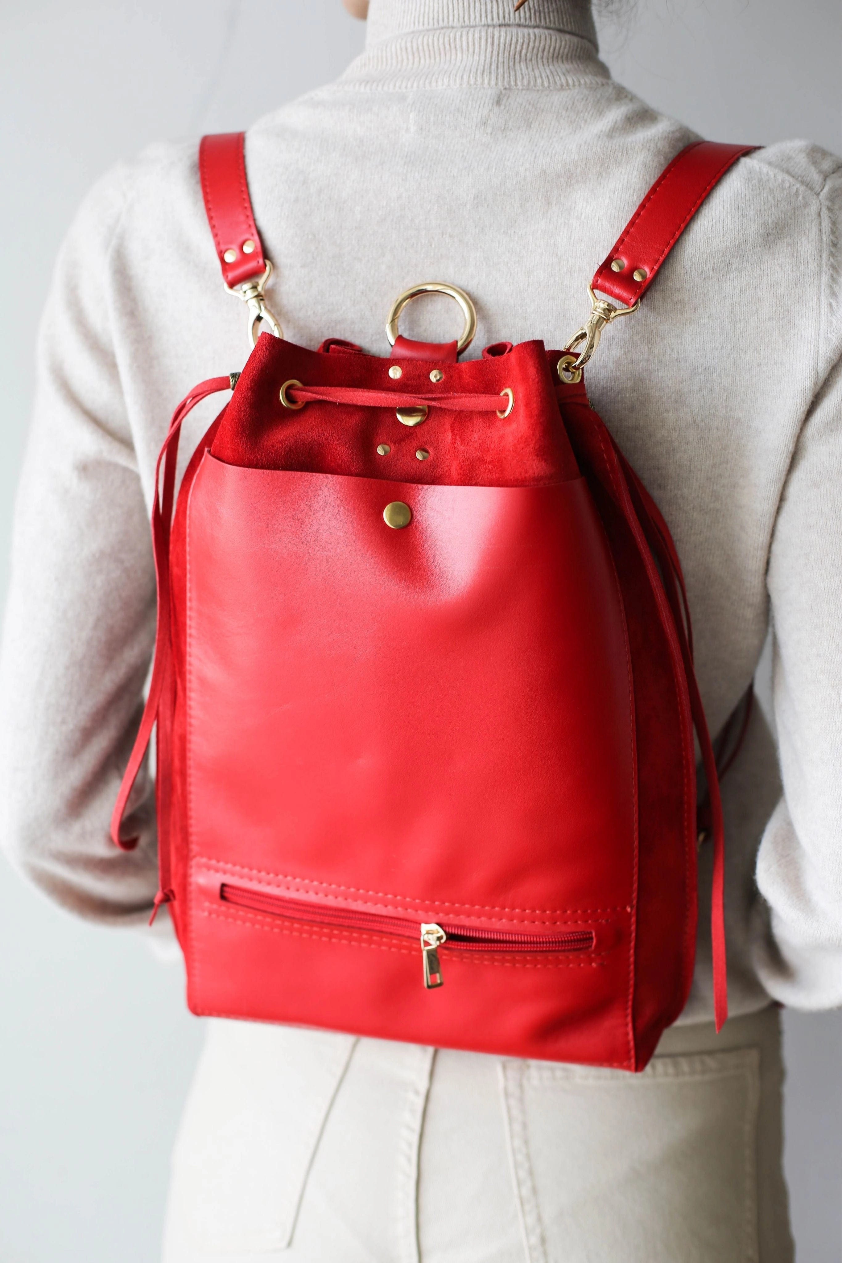 Red Leather Backpack Purse