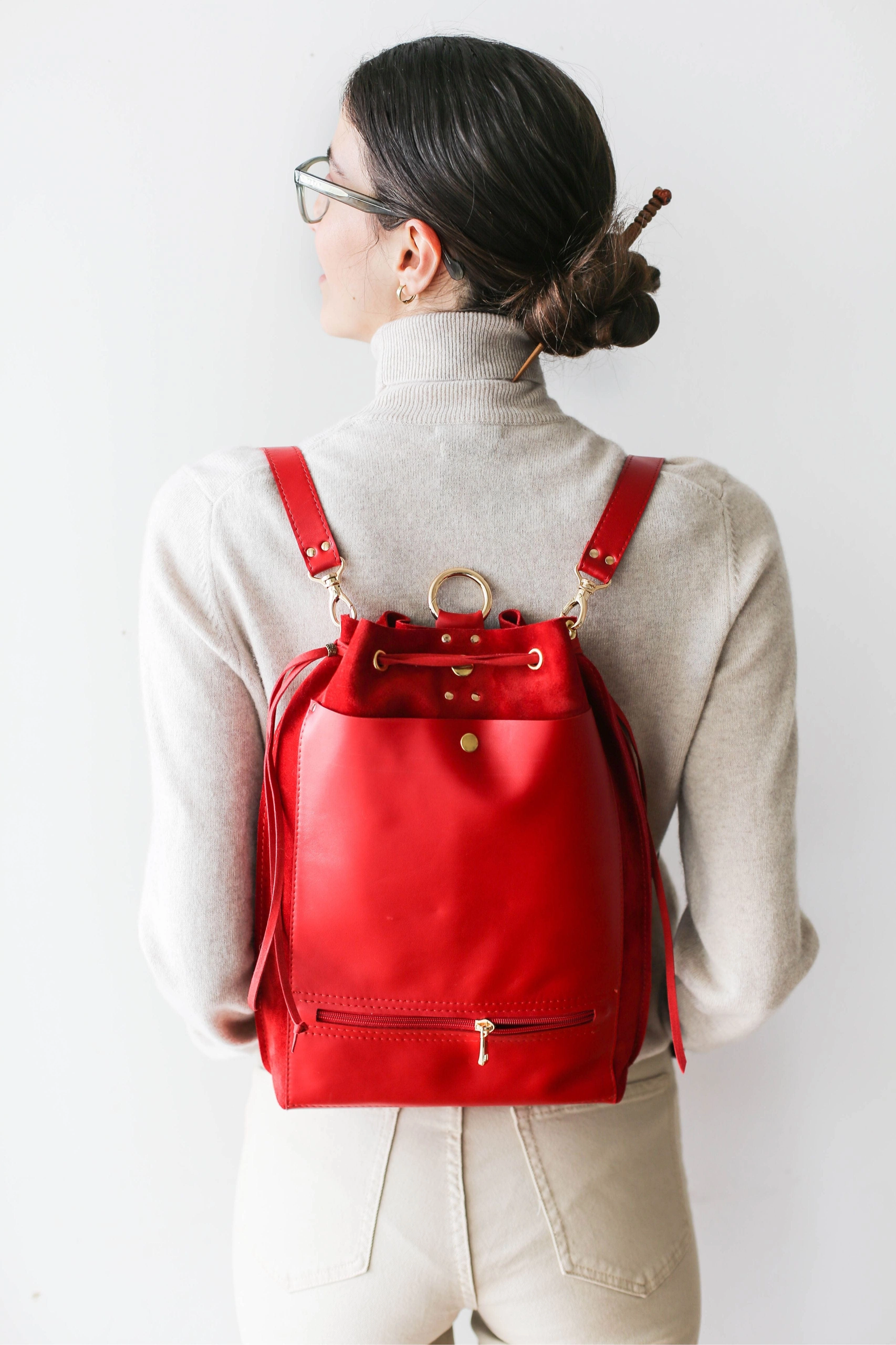 Red Leather Backpack Purse