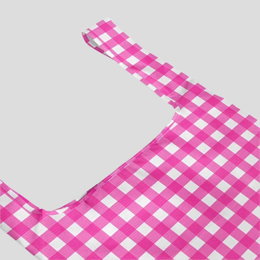 Reusable Shopping Bag - 2 Sizes -- Neon Pink Gingham