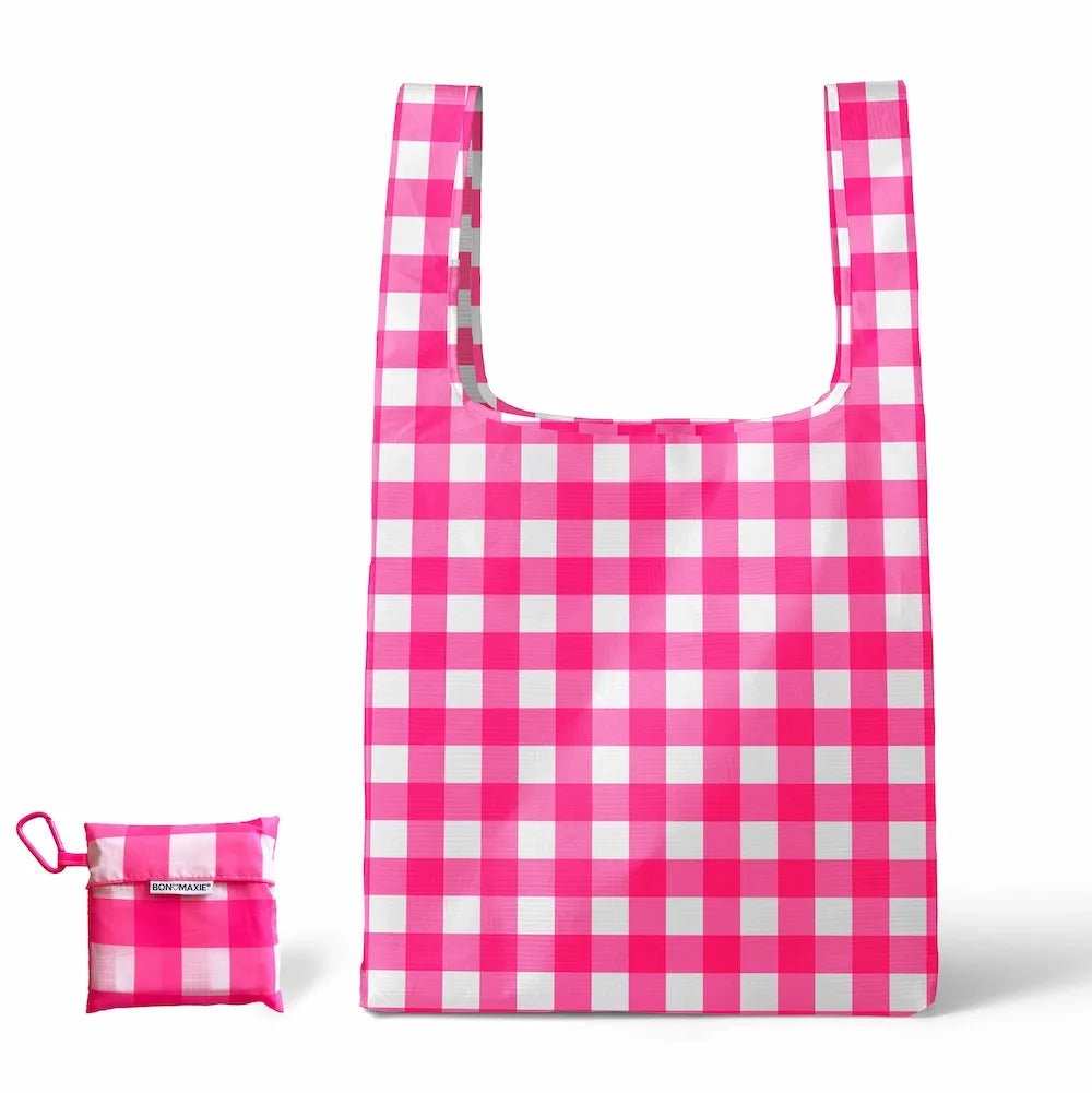 Reusable Shopping Bag - 2 Sizes -- Neon Pink Gingham