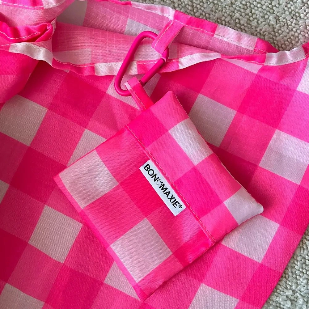 Reusable Shopping Bag - 2 Sizes -- Neon Pink Gingham