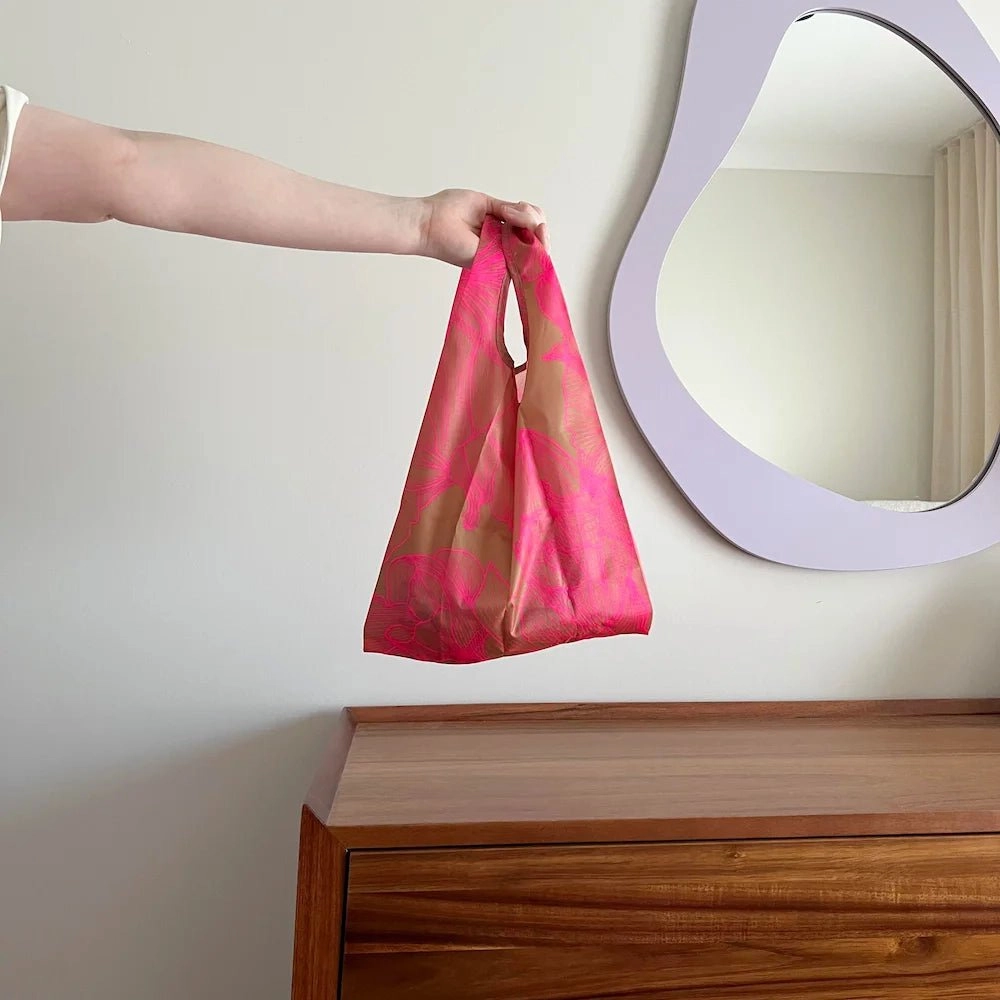 Reusable Shopping Bag - 2 Sizes -- Neon Pink / Tan Floral