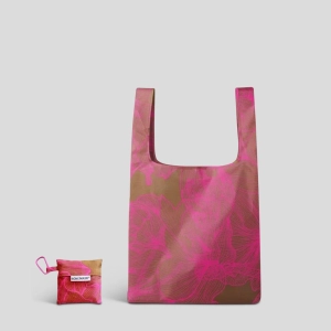 Reusable Shopping Bag - 2 Sizes -- Neon Pink / Tan Floral