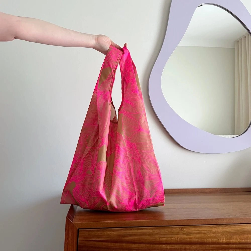 Reusable Shopping Bag - 2 Sizes -- Neon Pink / Tan Floral
