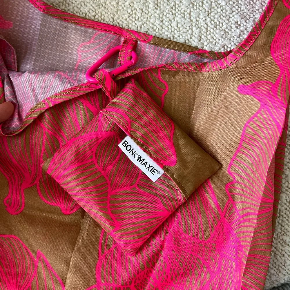 Reusable Shopping Bag - 2 Sizes -- Neon Pink / Tan Floral