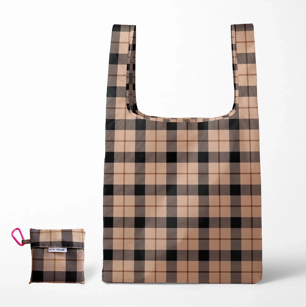 Reusable Shopping Bag - 2 Sizes -- Tan Tartan