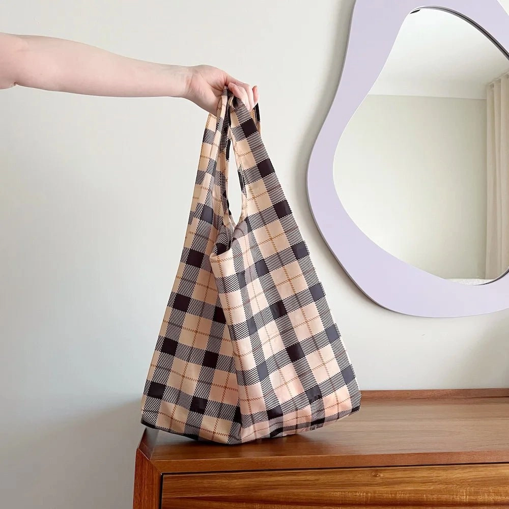 Reusable Shopping Bag - 2 Sizes -- Tan Tartan