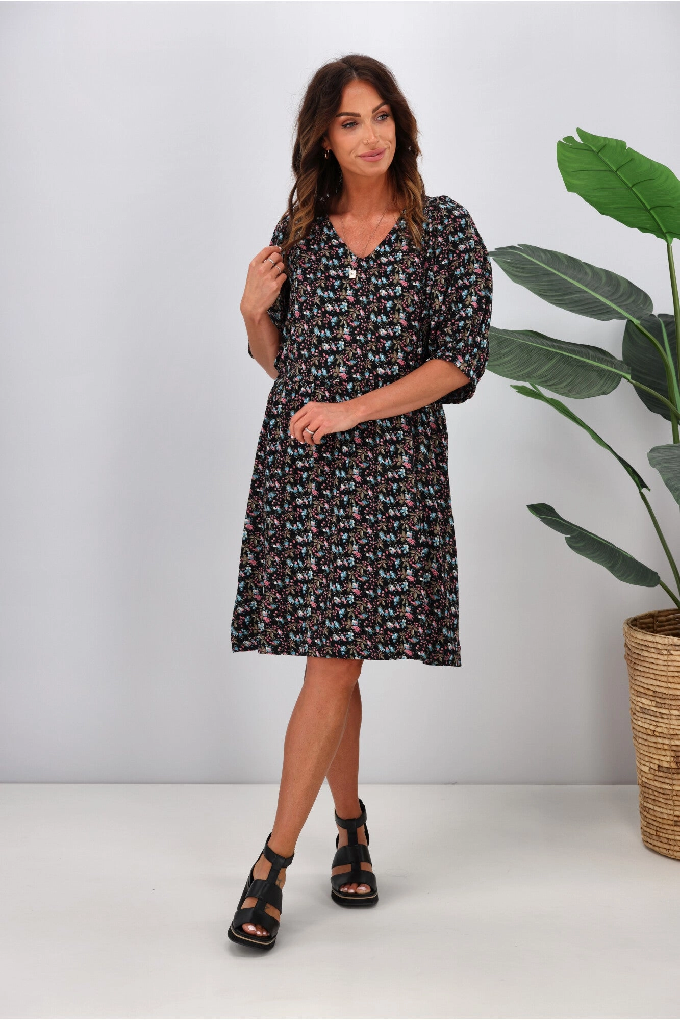 Shine On Label Nova Puff Sleeve Dress Black Ditsy
