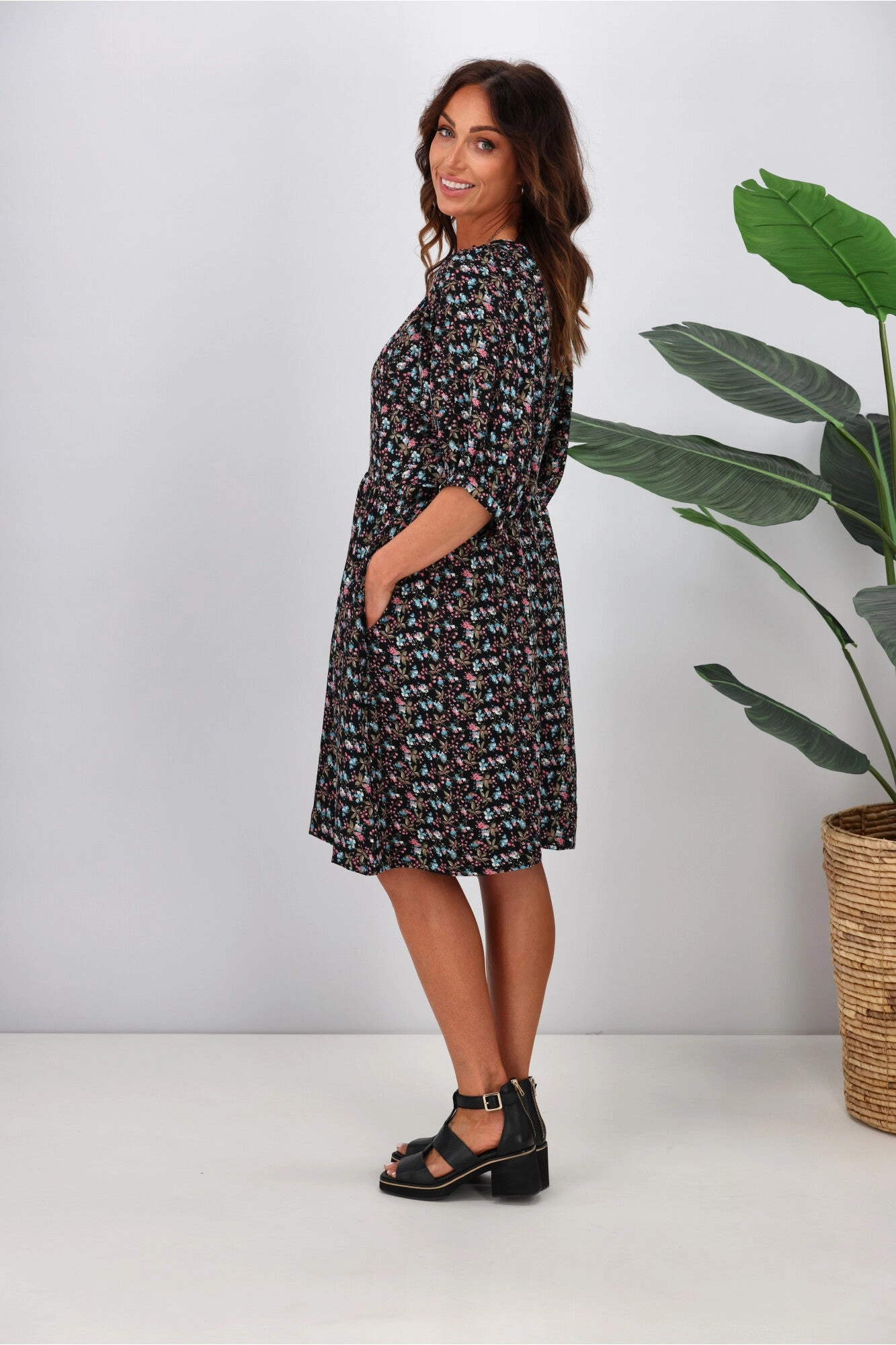 Shine On Label Nova Puff Sleeve Dress Black Ditsy
