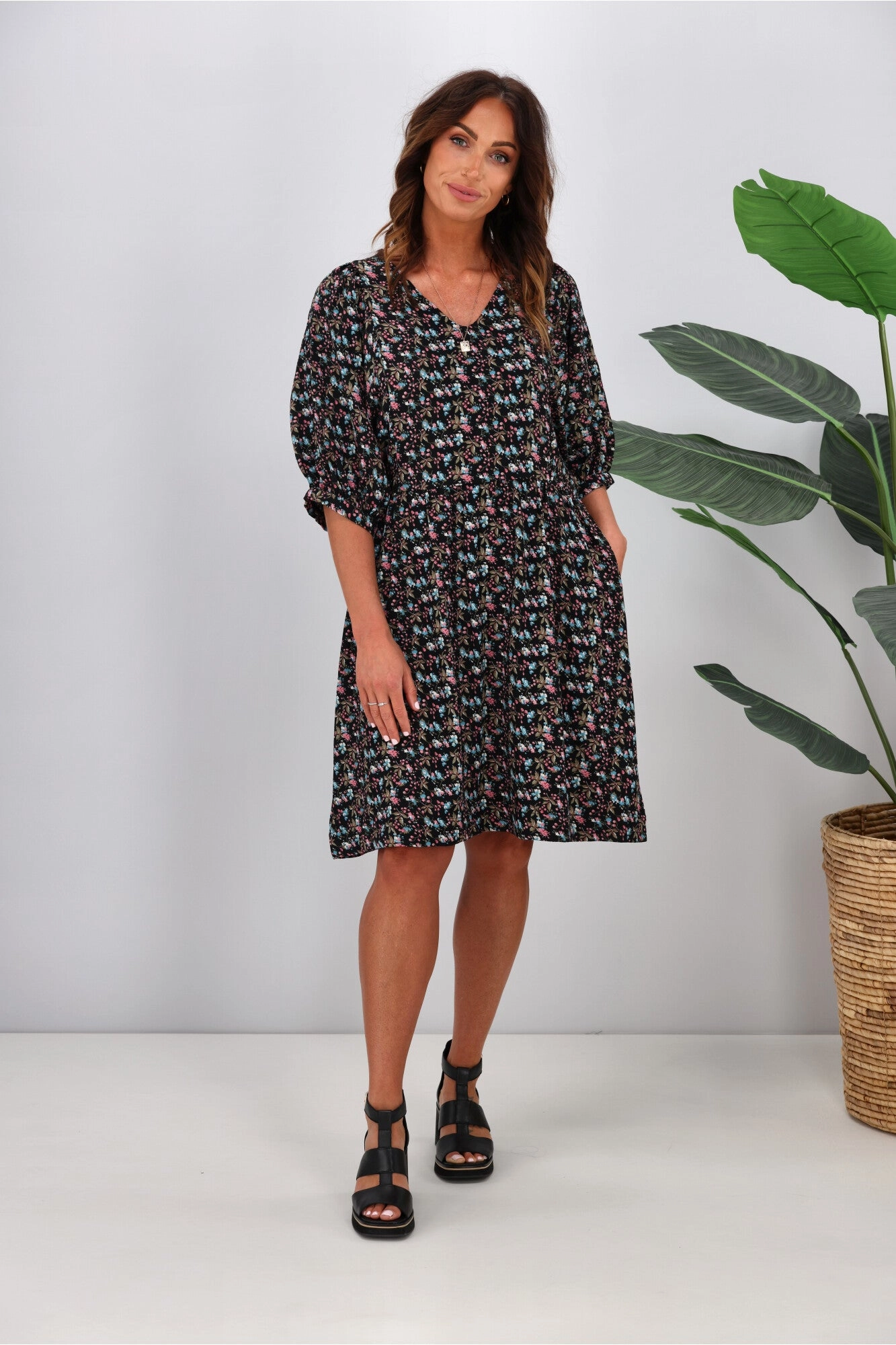 Shine On Label Nova Puff Sleeve Dress Black Ditsy