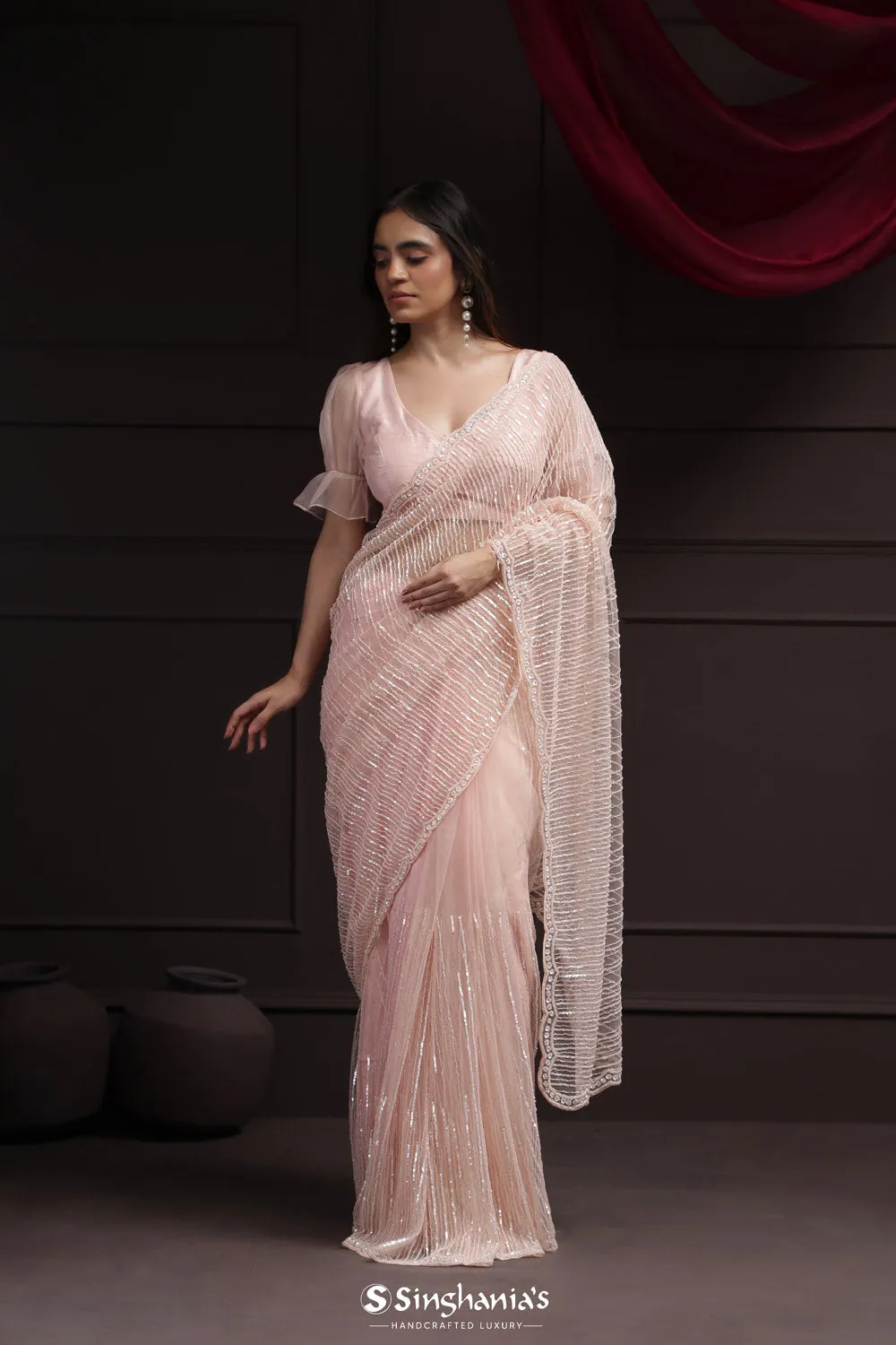 Silvery Pink Tissue Saree With Hand Embroidery