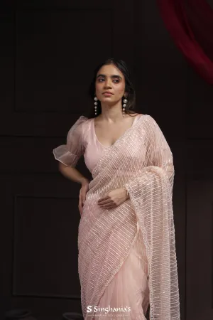 Silvery Pink Tissue Saree With Hand Embroidery