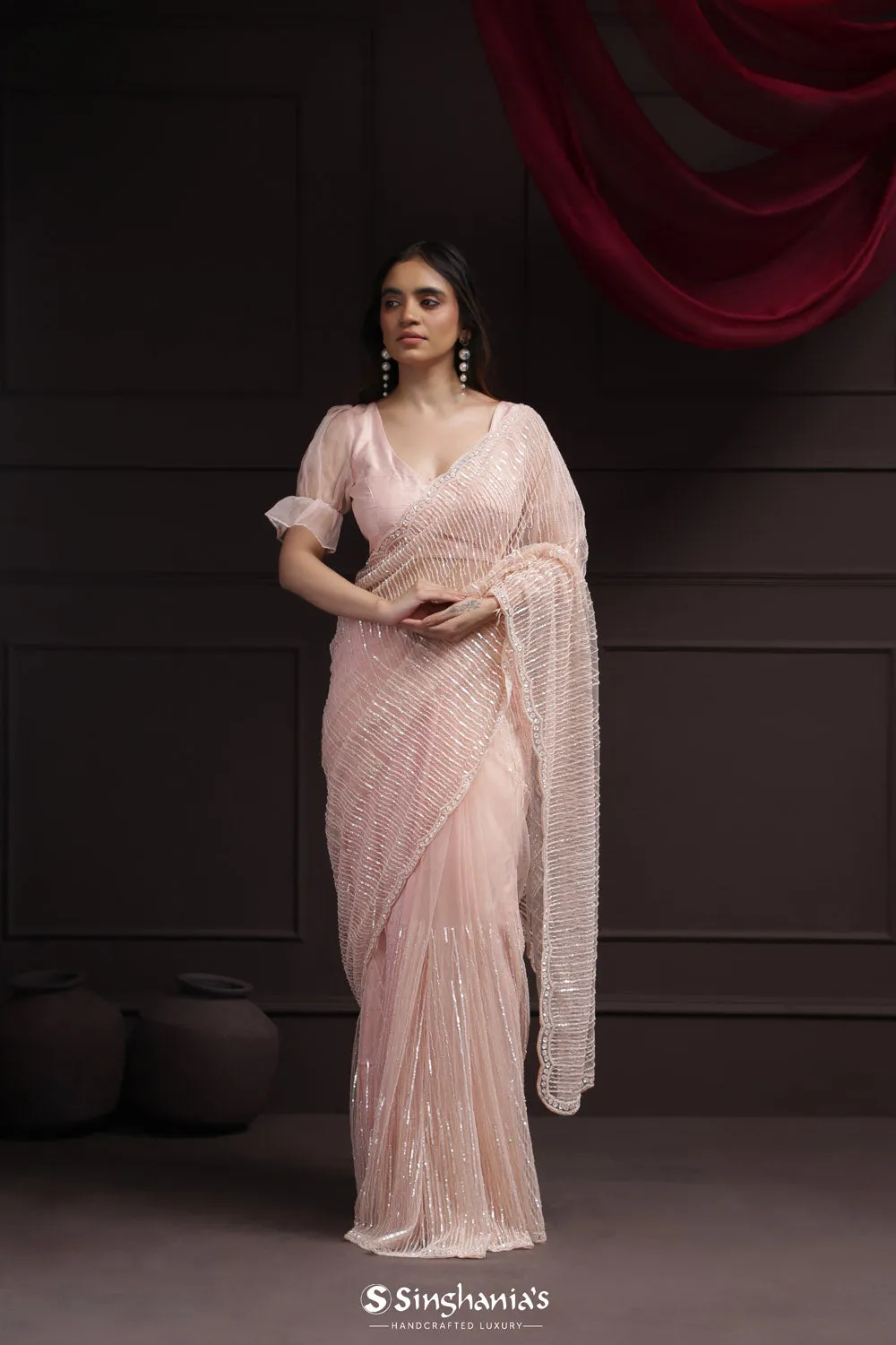 Silvery Pink Tissue Saree With Hand Embroidery