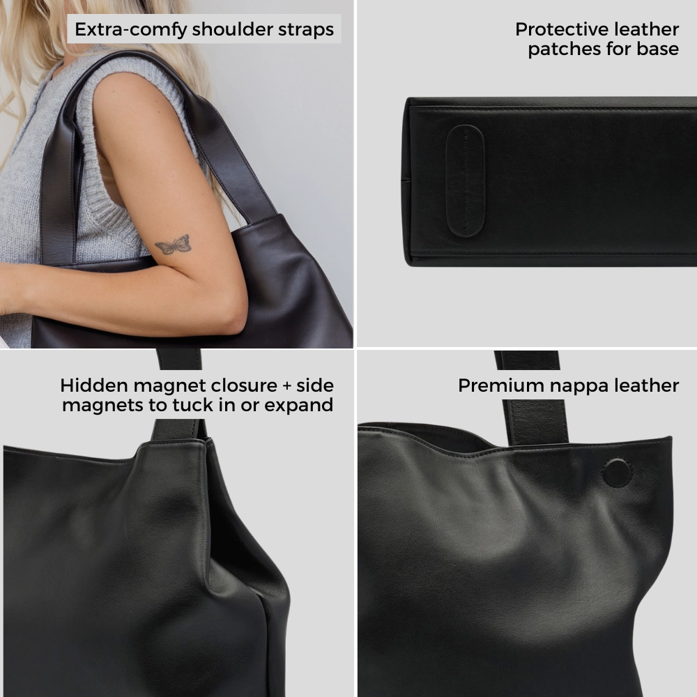 Slouchy Leather Hobo Tote Bag -- Black