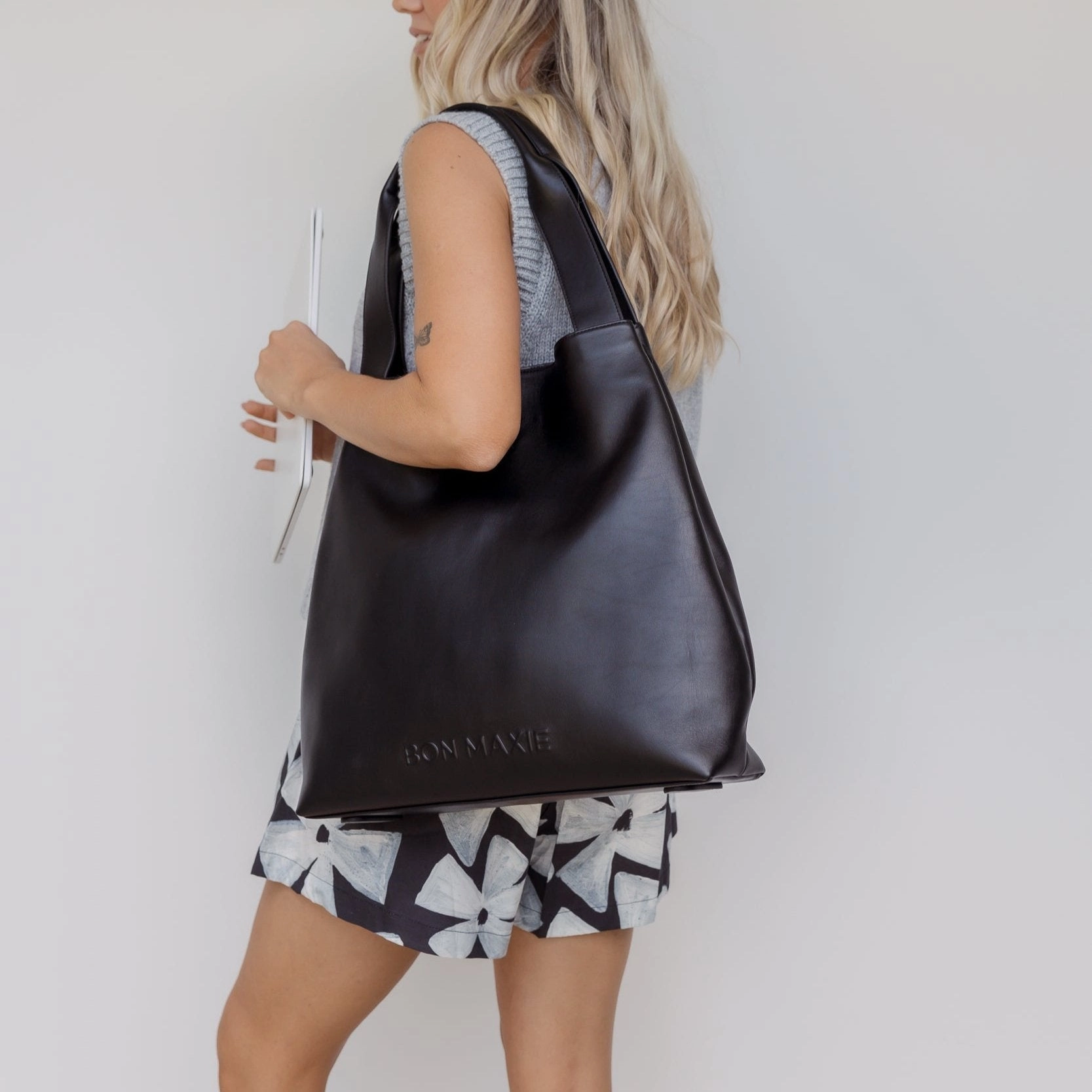 Slouchy Leather Hobo Tote Bag -- Black